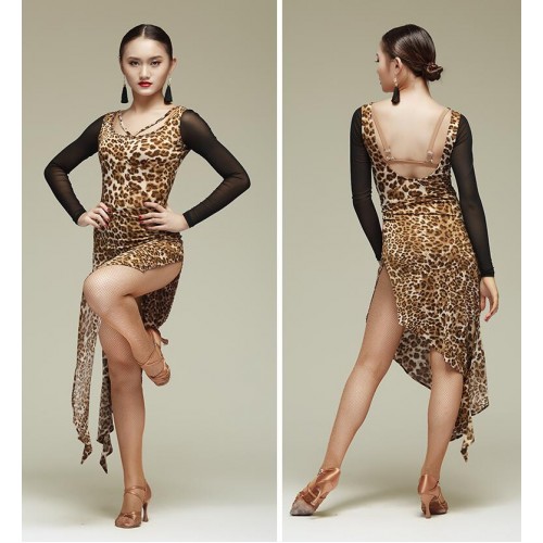 Long sleeves Latin Dance Dress Tassel Elegant Sexy Women Tango Ballroom Salsa Stage Dance Costumes mesh Patchwork Dancewear